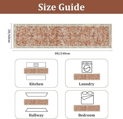 Yamaziot Washable Runner Rug 2x8 – Non Slip Boho Floral Hallway Runner Rug with Rubber Backing, Low Pile Wool Distressed Carpet for Kitchen, Laundry, Bedroom, Entrance, Brick-red