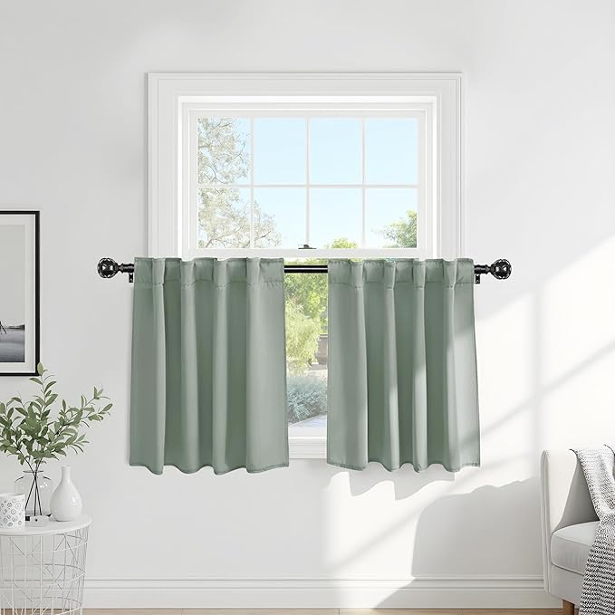 PONY DANCE Curtains Light Block - Thermal Insulated Back Tab Draperies Energy Saving/Short Window Covering for Bedroom Bay Windows, 42 Wide by 36 inch Drop, Sage Green, 2 Panels