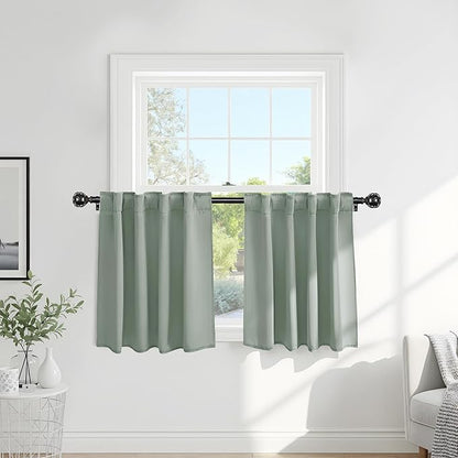 PONY DANCE Curtains Light Block - Thermal Insulated Back Tab Draperies Energy Saving/Short Window Covering for Bedroom Bay Windows, 42 Wide by 36 inch Drop, Sage Green, 2 Panels