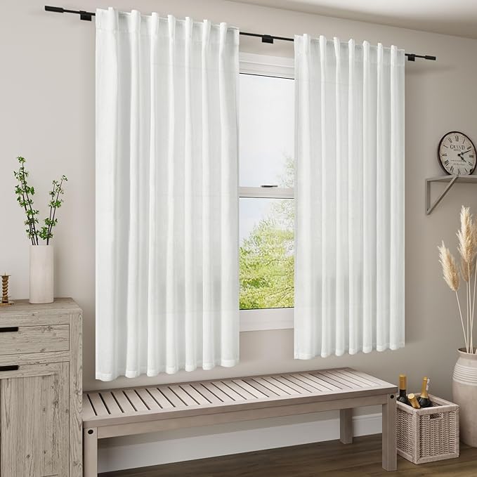 White Linen Curtains 63 inches Long for Bedroom Back Tab Light Filtering Privacy Sheer White Curtains Modern Farmhouse Coastal Decor Off White Cotton Textured Gauze Curtain for Bathroom 2 Panel Set