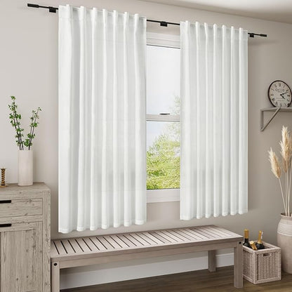 White Linen Curtains 63 inches Long for Bedroom Back Tab Light Filtering Privacy Sheer White Curtains Modern Farmhouse Coastal Decor Off White Cotton Textured Gauze Curtain for Bathroom 2 Panel Set