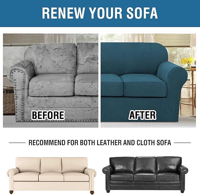 H.VERSAILTEX 4 Piece Stretch Sofa Covers for 3 Cushion Couch Covers for Living Room Furniture Slipcovers (Base Cover Plus 3 Seat Cushion Covers) Upgraded Thicker Jacquard Fabric (Sofa, Deep Teal)