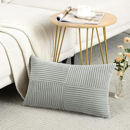 Fancy Homi 2 Packs Grey Lumbar Decorative Throw Pillow Covers 14x24 Inch for Living Room Couch Bed Sofa, Rustic Farmhouse Boho Home Decor, Soft Striped Corduroy Rectangle Accent Cushion Case 35x60 cm