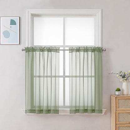 Chyhomenyc Sage Green Sheer Curtains 30 inch Length 2 Panels, Light Filtering Voile Rod Pocket Short Window Curtians for Bathroom Living Room Farmhouse Small Windows, 42Wx30L inches