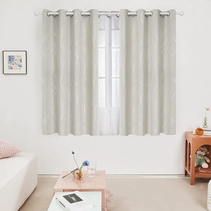 Deconovo Beige Curtains for Living Room, Thermal Insulated Soundproof Drapes with Wave Dot Silver Print, 52 x 63 Inch Long, Farmhouse Panel, Set of 2 Window Panels for Classroom Bedroom Office Nursery