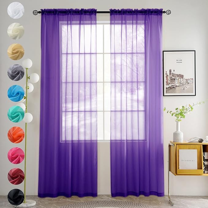 youleyar Solid Sheer Rod Pocket Curtain Voile Draperies 2 Panels White Beige Black Grey Coffee 52 Inch Width 108 Inch Long 1 Pair for Kitchen Bedroom Children Living Room Yard (Purple,52Wｘ108L)