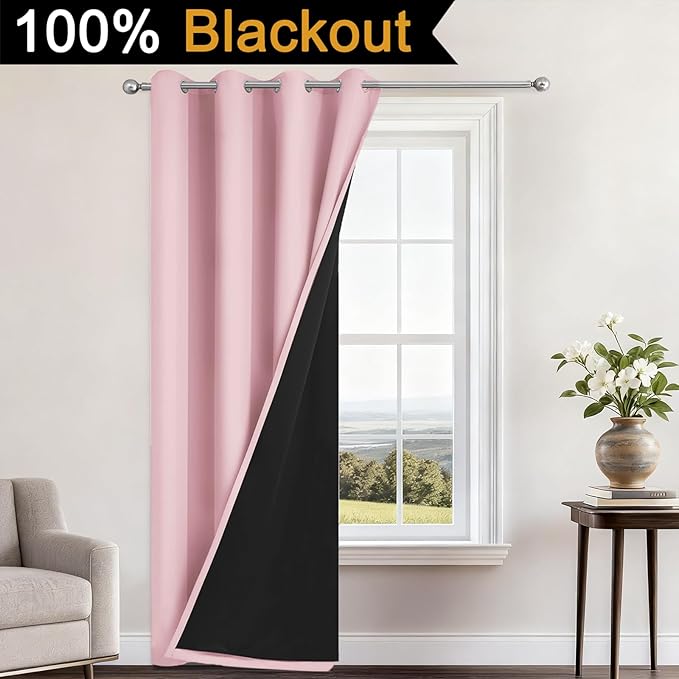 Yakamok 100% Blackout Curtains 84 Inches Long, 2 Thick Layers Heat and Full Light Blocking Soft Thermal Insulated Drapes for Bedroom(52" Wide Each Panel, Pink, 1 Panel)