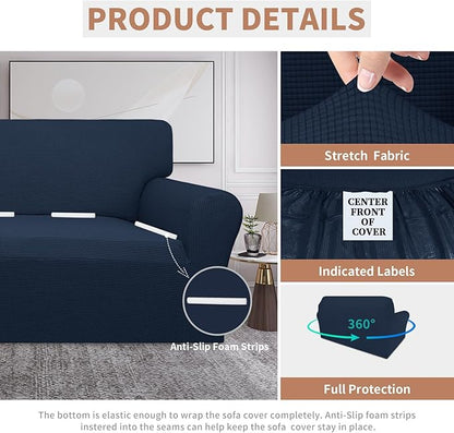 Easy-Going 100% Waterproof Loveseat Couch Cover, Dual Waterproof Sofa Cover, Stretch Jacquard Sofa Slipcover, Leakproof Furniture Protector for Kids, Pets, Dog and Cat (Loveseat, Dark Blue)