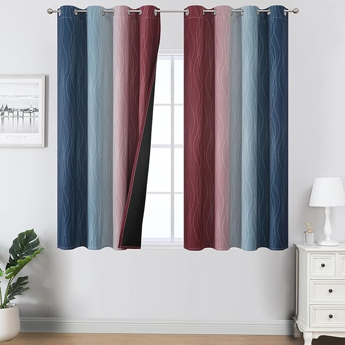 Estelar Textiler Navy Blue and Burgundy Red Ombre Blackout Curtains 45 Inches Long, Room Darkening Gradient Drapes for Kitchen, Thermal Insulated Grommet Curtains for Short Window,52Wx45L,2 Panels