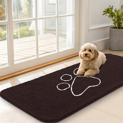 OLANLY Dog Door Mat for Muddy Paws 47x20, Paw Print Design, Absorbs Moisture and Dirt, Absorbent Non-Slip Washable Doormat, Quick Dry Chenille Mud Mat for Dogs, Entry Indoor Entryway Carpet, Brown