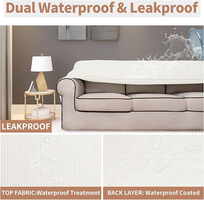 Easy-Going 100% Waterproof Couch Cover, Dual Waterproof Sofa Cover, Stretch Jacquard Sofa Slipcover, Leakproof Furniture Protector for Kids, Pets, Dog and Cat (Oversized Sofa, Cream)