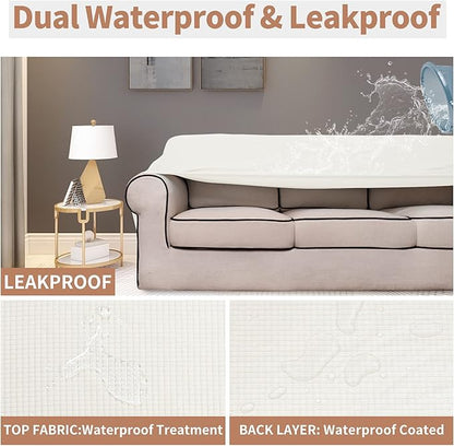 Easy-Going 100% Waterproof Oversized Chair Couch Cover, Dual Waterproof Sofa Cover, Stretch Jacquard Sofa Slipcover, Leakproof Furniture Protector for Kids, Pets, Dog and Cat, Cream