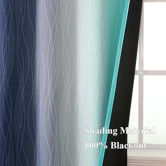 Estelar Textiler Navy Blue and Teal Blackout Curtains 45 Inch Length, Full Light Blocking Gradient Drapes for Kitchen, Thermal Insulated Grommet Ombre Curtains for Bathroom,52Wx45L,2 Panels