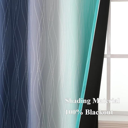 Estelar Textiler Navy Blue and Teal Blackout Curtains 45 Inch Length, Full Light Blocking Gradient Drapes for Kitchen, Thermal Insulated Grommet Ombre Curtains for Bathroom,52Wx45L,2 Panels