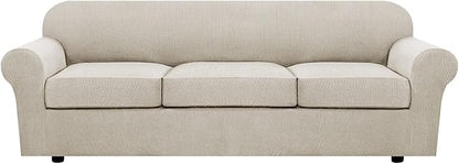 H.VERSAILTEX 4 Piece Stretch Sofa Covers for 3 Cushion Couch Covers for Living Room Furniture Slipcovers (Base Cover Plus 3 Seat Cushion Covers) Thicker Jacquard Fabric (XL Sofa, Island Fossi)