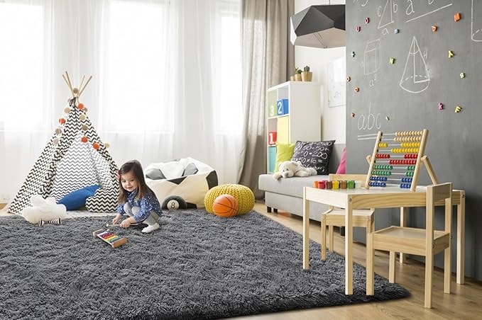 TWINNIS Super Soft Shaggy Rugs Fluffy Carpets, 8x10 Feet, Indoor Modern Plush Area Rugs for Living Room Bedroom Kids Room Nursery Home Decor, Upgrade Anti-Skid Rectangular Fuzzy Rug, Gray