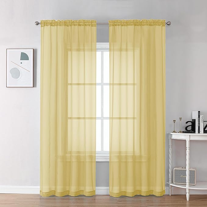Chyhomenyc Mustard Yellow Sheer Curtains 78 Inches Long for Living Room, Light Filtering Solid Color Voile Bedroom Curtains, Rod Pocket Window Sheer Curtain Panels, Each 42Wx78L, 2 Panels