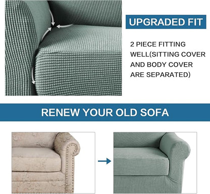 H.VERSAILTEX 2-Piece Spandex Stretch Sofa Slipcover for Chair, Anti-Slip Rich Lycra Knitted Jacquard Sofa Cover Machine Washable Furniture Protector, Solid Cyan, 1 Seater