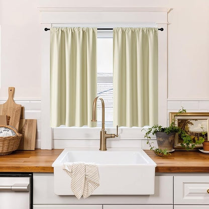 RYB HOME 100% Blackout Short Curtains for Small Window, Thermal Insulated Total Room Darkening Noise Reducing Curtains for Kitchen Bathroom Basement, 34 inches Wide by 48 inches Long, Beige