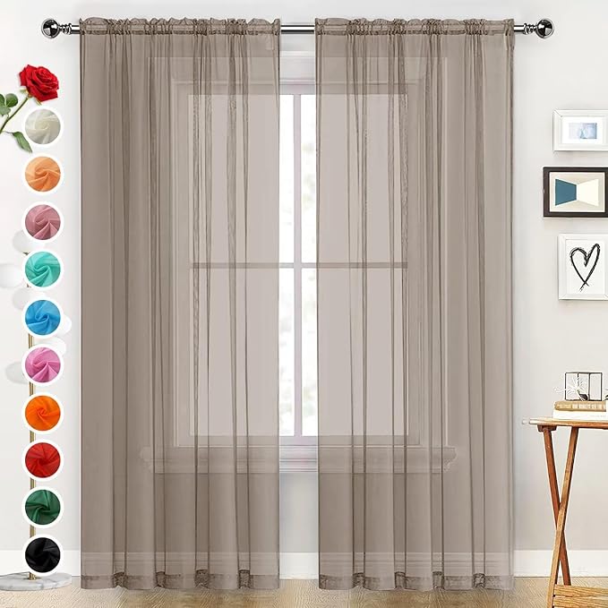 SpaceDresser Basic Rod Pocket Sheer Voile Window Curtain Panels Taupe 1 Pair 2 Panels 52 Width 45 Inch Long for Kitchen Bedroom Children Living Room Yard（Taupe, 52W x 45L）