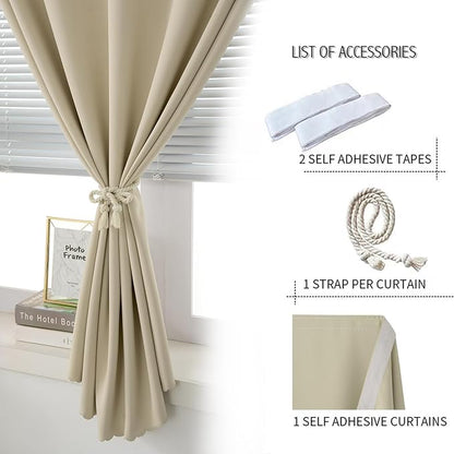 Self Adhesive Portable Blackout Curtains for Bedroom Easy to Install Window Thermal Lnsulated Kitchen Room Darkening Small Window Curtains, 47" W X 84" L, Beige, 1 Panel