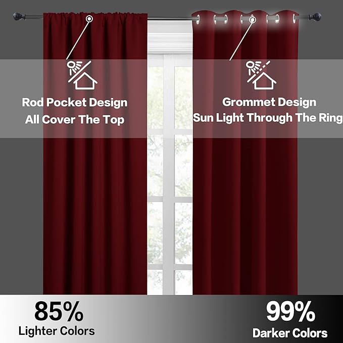 RYB HOME Blackout French Door Window Curtain Covering, Rod Pocket Thermal Insulated Privacy Non See Through Drapes for Bathroom Window, Width 29 by Length 45, Burgundy Red, 2 Panels