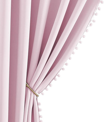 NICETOWN Pom Pom Blackout Curtains for Girls Bedroom Boho Pink Window Curtains for Nursery Rod Pocket Thermal Insulated Living Room Darkening Curtain Panels for Play Room, 52" W x 84" L, 2 Panels