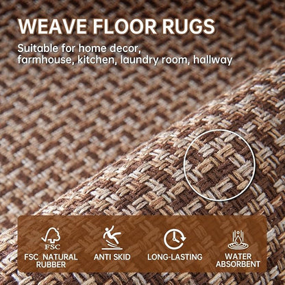 eqivei Kitchen Rugs and Mats Non Skid Washable Set of 2 PCS, Absorbent Runner Rugs for Kitchen, Farmhouse Weave Floor Mats in Front of Sink, 17.3"x 47"+17.3"x 29" (Brown)