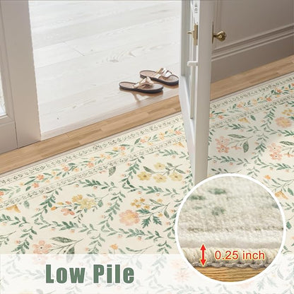 Entryway Rug 2X3 Small Rugs: Floral Washable Door Mat Vintage Soft Low Pile Non-Slip Kitchen Rugs Stain Resistant Indoor Throw Rug for Entrance, Bedroom, Kitchen, Laundry, Bathroom Beige/Multi