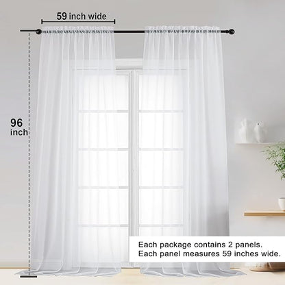 OWENIE Sheer White Curtains, Sheer Curtains 96 inches Long 2 Panels Set, Rod Pocket Voile Fimly Sheer Drapes for Living Room/Bedroom, 2pcs, Each 59" W x 96" L