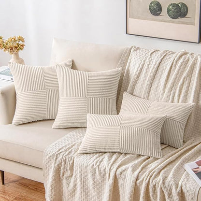 MIULEE Beige Decorative Throw Pillow Covers 16x16 Inch for Couch Bed Sofa Pack of 2 Boho Neutral Farmhouse Throw Pillows Soft Cross Corduroy Patchwork Textured Cushion Cases