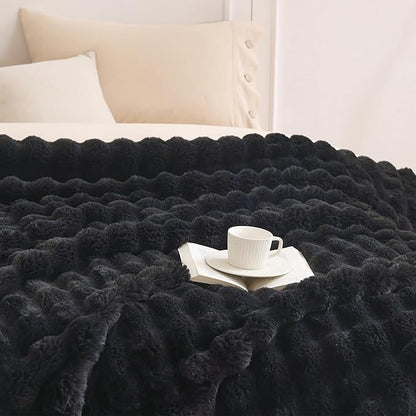 COOVA Faux Fur Throw Blanket for Couch, Cozy Soft and Fuzzy Plush Rabbit Fur Bubble Blanket for Sofa Bedroom Living Room, 60x80 Inches Black