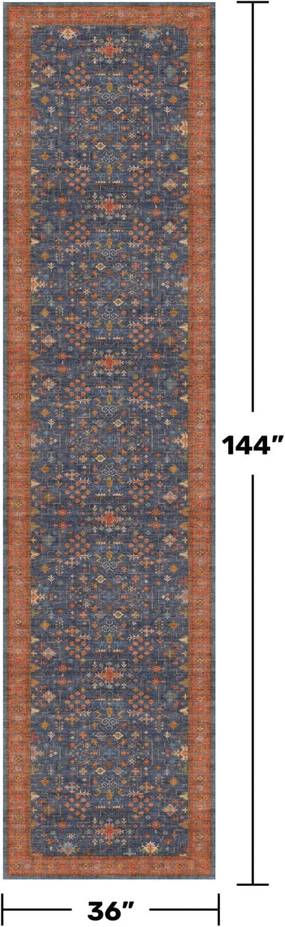 Washable 12 ft Long Runner for Hallway - Navy Blue Kitchen Floor Runner Rug, Pet Friendly Waterproof Non Slip with Rubber Backing, Stain Resistant Laundry Room Rug (3x12 Navy Blue & Terracotta)