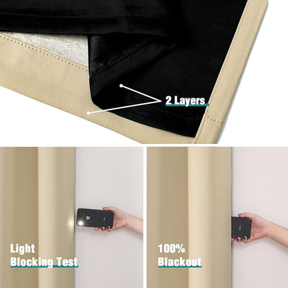 ChrisDowa 100% Blackout Curtains for Bedroom with Black Liner, 2 Thick Layers Total Blackout Thermal Insulated Grommet Long Window Curtains 2 Panels Set (Beige, 52 x 95 Inch)