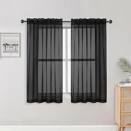 OWENIE Sheer Black Curtains 84 Inch Length 2 Panels Set for Living Room Bedroom, Rod Pocket Voile Sheer Panel Drapes, Black, 2pcs, Each 42" W x 48" L