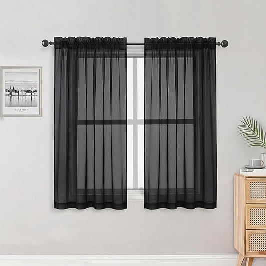 OWENIE Sheer Black Curtains 84 Inch Length 2 Panels Set for Living Room Bedroom, Rod Pocket Voile Sheer Panel Drapes, Black, 2pcs, Each 42" W x 48" L