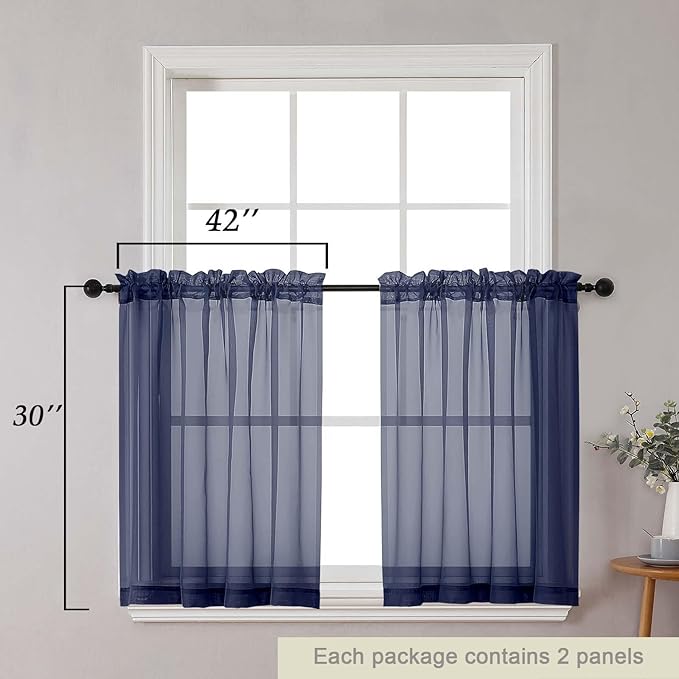 Navy Blue Kitchen Curtains 30 Inch Length Tier 2 PCS, Solid Soft Airy Half Curtains for Windows, Navy Blue Sheer Rod Pocket Drapes for Bathroom Basement Small Window Curtain, 42"Wx30"L Inch