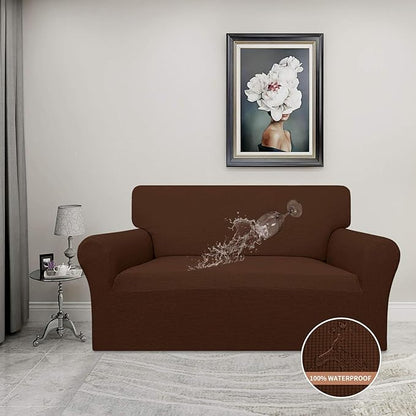 Easy-Going 100% Waterproof Loveseat Couch Cover, Dual Waterproof Sofa Cover, Stretch Jacquard Sofa Slipcover, Leakproof Furniture Protector for Kids, Pets, Dog and Cat (Loveseat, Coffee)