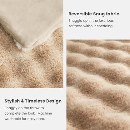 Cozy Bliss Faux Fur Throw Blanket for Couch, Bubble Plush Blanket Queen Size, Fuzzy Soft & Thick Blanket for Bed Sofa Living Room, 90x90 Inches Beige
