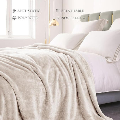 Exclusivo Mezcla Plush Fuzzy Fleece Bed Blanket Queen Size, Super Soft, Fluffy and Warm Blankets for Couch, Bed, All Season (Beige, 90x90 inches)