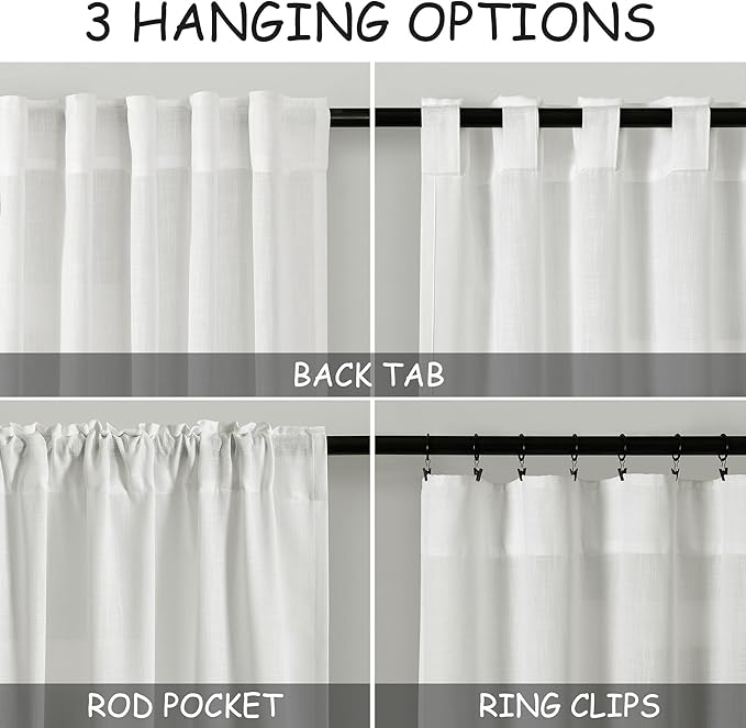 Off White Linen Curtains 108 Inches Long 2 Panels Set Back Tab Rod Pocket Semi Sheer Cotton Textured Light Filtering Extra Long Curtain Farmhouse High Ceiling Curtains for Living Room 9Ft 40x108