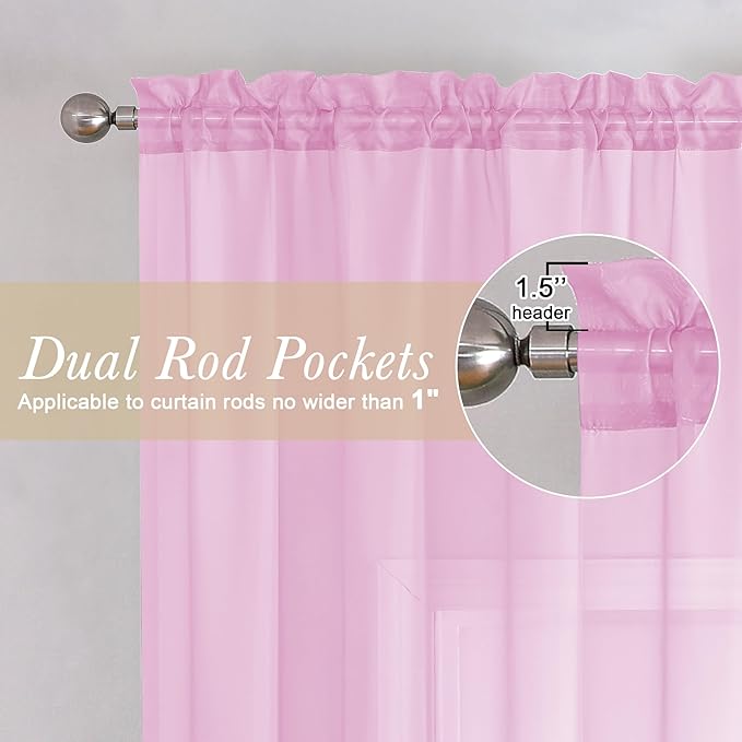 Lecloud Light Pink Sheer Curtains 36 Inch Length 2 Panels, Elegant Voile Cafe Short Curtain Tiers, Airy Breathable Gauzy Kitchen Curtains for Bedroom with Dual Rod Pocket, Each Panel 42 X 36 Inch