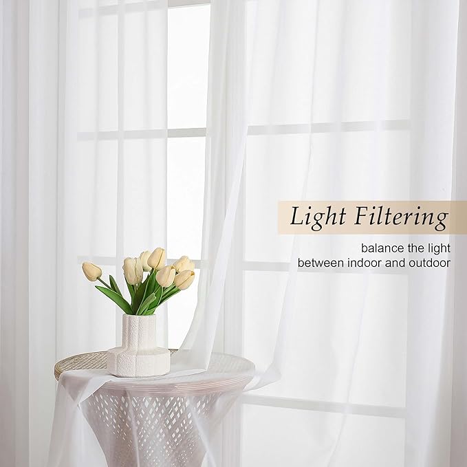 White Sheer Curtains 84 Inches Long 2 Panels Set for Bedroom Living Room, Soft Airy Light Filtering Modern Solid Rod Pocket Drapes Window Treatments, White, Each 59" W x 84" L