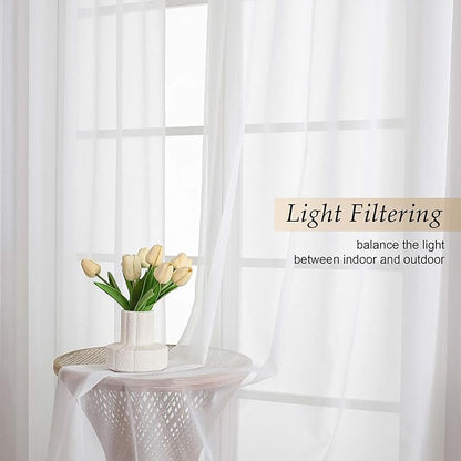 White Sheer Curtains 84 Inches Long 2 Panels Set for Bedroom Living Room, Soft Airy Light Filtering Modern Solid Rod Pocket Drapes Window Treatments, White, Each 59" W x 84" L