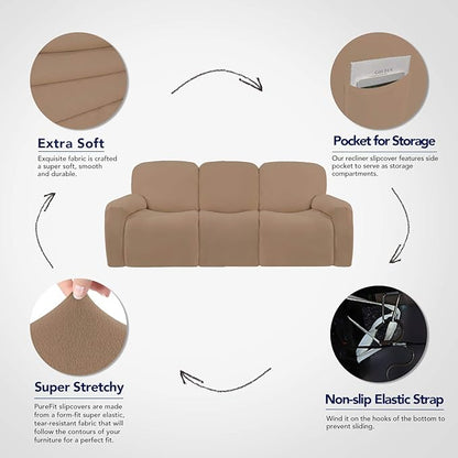 PureFit Super Stretch 3 Seats Recliner Chair Sofa Couch Cover with Pocket – Non Slip Soft Sofa Slipcover, Washable Spandex Reclining Furniture Protector for Kids, Pets (Recliner Sofa, Camel)