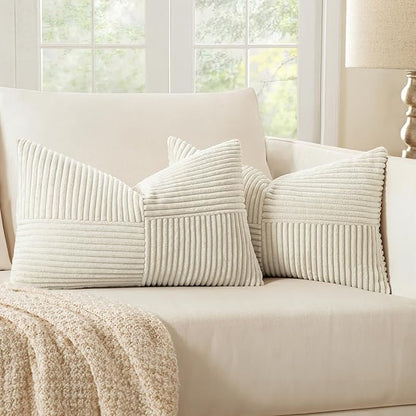 MIULEE Beige Decorative Lumbar Throw Pillow Covers 14x24 Inch for Couch Bed Sofa Pack of 2 Boho Neutral Farmhouse Throw Pillows Soft Cross Corduroy Patchwork Textured Cushion Cases
