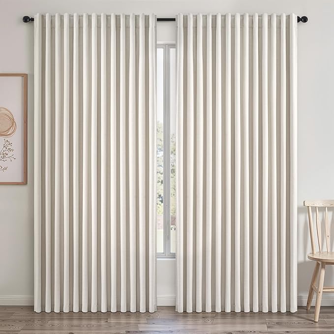 Extra Wide 100 Inch Length Blackout Curtains & Drapes 90 Inches Long 2 Panels Set for Sliding Glass Doors Modern Pleated Linen Blend Heavy Floor to Ceiling Large Window Drapes(100"Wx90"Lx 2 Birch)