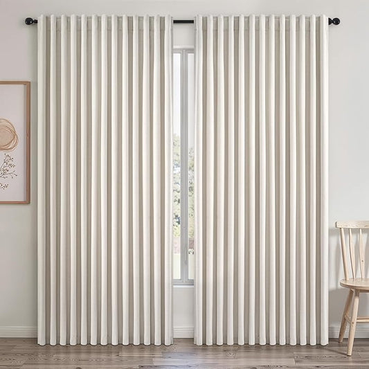 Extra Wide 100 Inch Length Blackout Curtains & Drapes 96 Inches Long 2 Panels Set for Sliding Glass Doors Modern Pleated Linen Blend Heavy Floor to Ceiling Large Window Drapes(100"Wx96"Lx 2 Birch)