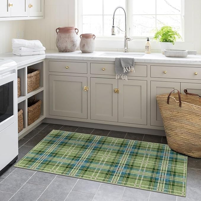 Front Door Mat Indoor Entrance - 2x4.3 Ft Buffalo Washable Layered Doormat Outdoor Entrance Porch Rug Non-Slip Green Teal Plaid Tartan Runner Rug for Kitchen Bedroom Laundry Room Porch Decor