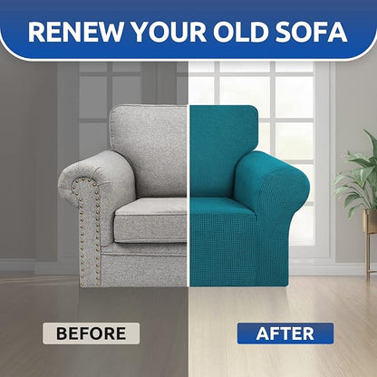 KEKUOU Stretch Single Sofa Slipcover 1 Piece Couch Sofa Cover (31"-55") Furniture Protector 1 Seater Sofa with Elastic Bottom for Kids,Pet.Jacquard Small Checked Pattern Fabric(Small,Peacock Blue)